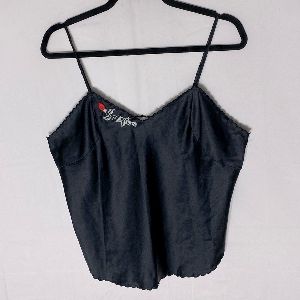 Vintage Linda Lingerie For Eaton Black Satin Camisole W Embroidered Rose M